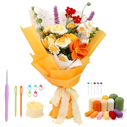 twirush Häkelset für Anfänger, Häkelblumen-Set, Anfänger-Häkelset mit gelben und orangen Rosen, komplettes Häkel-Starter-Set mit Schritt-für-Schritt-Video-Tutorials, perf von twirush