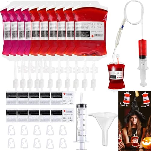 tyokas Halloween Blutbeutel 10 Stück Halloween Infusionsbeutel 350ml Blutbeutel für Getränke Horror Beutel Deko mit Knöpfe Spritzen Aufkleber und Clips für Halloween-Requisiten, Dekorationen, Party von tyokas