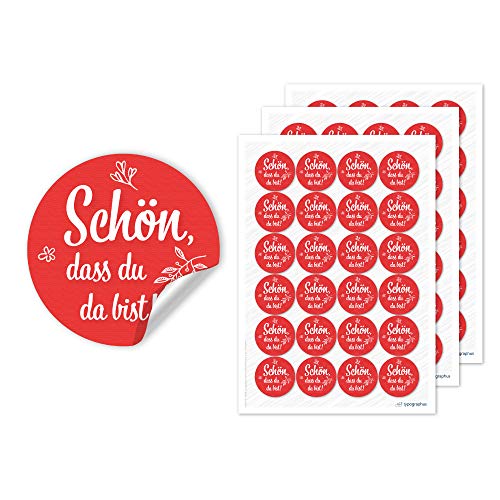 Schön dass du da bist Aufkleber rot 4cm Ø mit Zweigen – 72 Stück - Hochzeitsaufkleber Etiketten für Gastgeschenke & Tischdeko von typographus