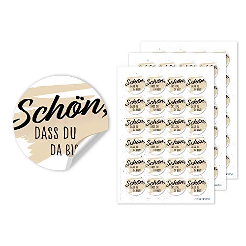 Schön dass du da bist Aufkleber Vintage schwarz beige- 72 Stück Hochzeitsaufkleber rund Ø 4cm Sticker für Gastgeschenke Deko von typographus