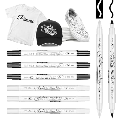 uinnossvc 6 Stück Textilstifte Waschmaschinenfest, 1-5mm Dual Tip Textilmarker, Stoff Stifte Waschfest Textilmarker, Textilstifte Textilfarbe Stoffmalstifte für T-Shirt Textilien (Schwarz, Weiß) von uinnossvc