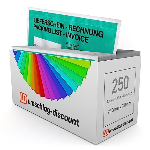 umschlag-discount – 250 grüne Versandtaschen aus Papier für Lieferscheine, Rechnungen, Retourenscheine & Co – selbstklebende Lieferscheintaschen mit den Innenmaßen 228 x 120 mm (außen 240 x 130) von umschlag-discount