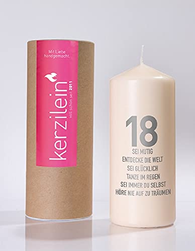 Kerze 18. Geburtstag Stumpenkerze mit guten Wünschen zum 18. Geburtstag Geburtstags-Deko & Geburtstagsgeskerze von Kerzilein - Made in Germany - Farben creme-weiß & grau von unbekannt