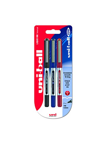 Uni-ball 153486289 UB-150ye Micro Kugelschreiber, Uni Super-Tinte, 0.5 mm Spitze, 3 Stück schwarz/blau/rot von Uni-Ball