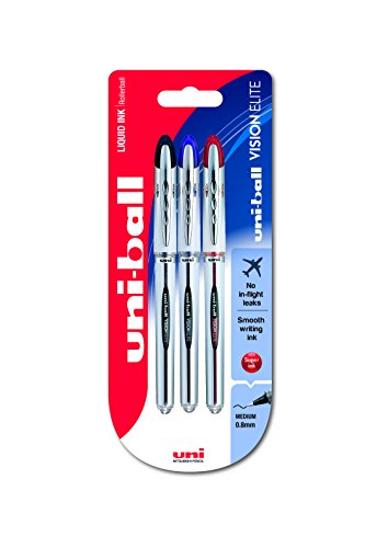 uni-ball 153486364 UB-200 Visionlite Medium Kugelschreiber, Uni Super-Tinte, fälschungssicher, 0.8 mm Kugel, 3 Stück schwarz/blau/rot von Uni-Ball