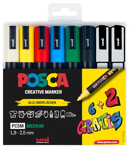 Faber-Castell uni-ball 186826 - POSCA Marker Set, 8er Etui Acrylstifte PC-5M, 1.8 - 2.5 mm, 6 Standardfarben + 2 wechselnde Sonderfarben von Faber-Castell