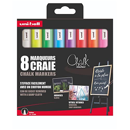 Uni-Ball Chalk Marker – Uni Mitsubishi Pencil – Kreidemarker PWE-5M – temporäre Markierung, regenfest – mittlere konische Spitze, Verpackung Zero Kunststoff – Set mit 8 verschiedenen Farben von Uni-Ball