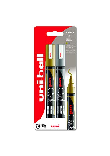 PWE-5M Uni Kreidemarker 2 Stück Blister Gold/Silber, kunststofffreie Verpackung von uni