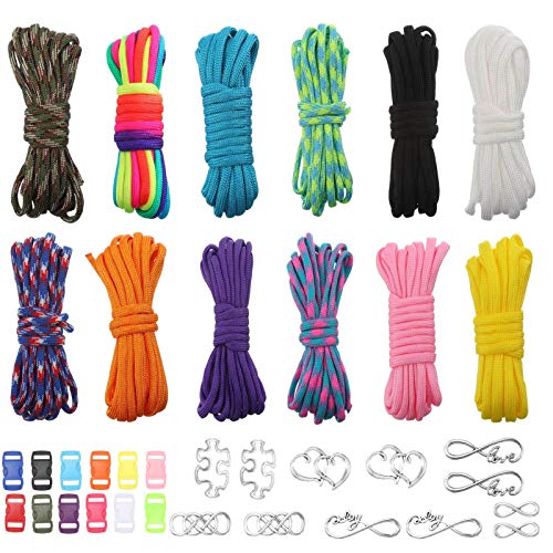 upain 12 Stück Paracord Schnur 550 Paracord Seile Schnüre DIY Armband Bänder Set mit 12 Quick Release Schnallen 12 Anhänger für Armbänder Schlüsselanhänger Hundehalsband Leine Outdoor-Aktivitäten von upain