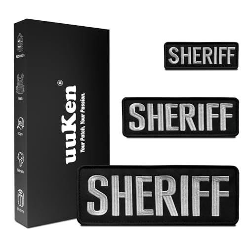 uuKen 3 bestickte schwarze Sheriff-Aufnäher mit Hakenverschluss auf der Rückseite für Hüte, Taschen, Rucksäcke, Westen, Kleidung, Jacken (3 Stück, 10,2 x 3,6 cm, 1 Stück 15,2 x 5,1 cm und 1 x 21,6 x von uuKen