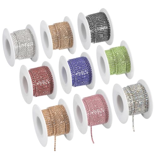 uxcell 9 Rollen 90 Yards 2 mm Kristall Strass Schließen Kette Trim Nähen auf Kristall Strass Kette Trim für Nähen Handwerk Hochzeit Party DIY Dekoration, 9 Farben von uxcell