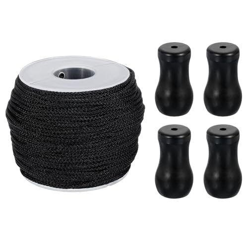 uxcell Geflochtene Schnur zum Anheben, 1,8 mm, 50 Yards/Rolle, Nylonschnur mit 4 Holz-Rollo-Zugschnüren für Raffrollos, Schattenrollen, Reparatur, Vorhang, Handwerk, DIY (schwarz) von uxcell