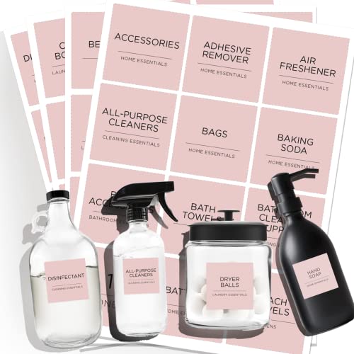 Minimalistisches Waschraum-Etiketten-Set, v2croft 144 vorgedruckte matte Vinyl-Hausorganisations-Aufkleber für Waschküche, Wäscheschrank, Badezimmer, Reinigungsmittel, wasserdichte Aufkleber (Rosa) von v2croft