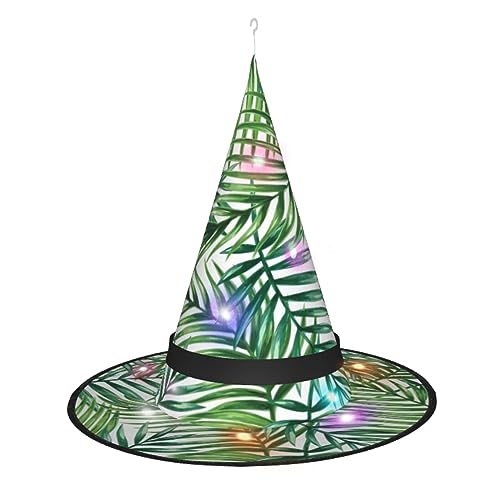 Hexenhut mit tropischen Palmenblättern, Aquarell, LED-farbiges Licht, Hexenhüte für Damen, Halloween, festliche Atmosphäre, geeignet für Partys von vacsAX