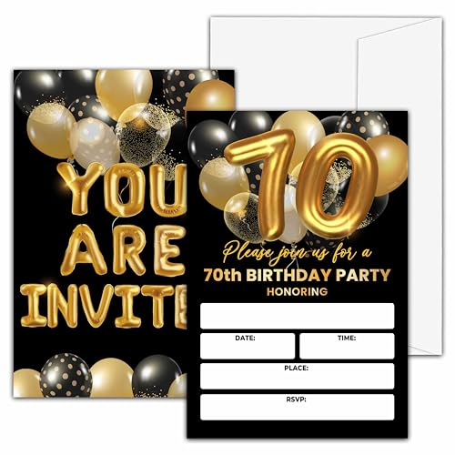 Valucise Einladungen zum 70. Geburtstag, Schwarz und Gold, 10,2 x 15,2 cm, 20 Stück mit 20 Umschlägen von valucise