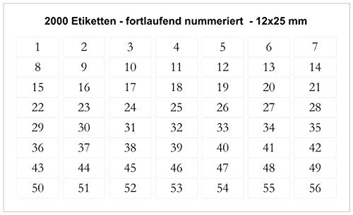 2000 Etiketten - fortlaufend nummeriert von 1 bis 2000 - permanent klebend - 12x25 mm - weiß - Nummern Zahlen Aufkleber von vamani