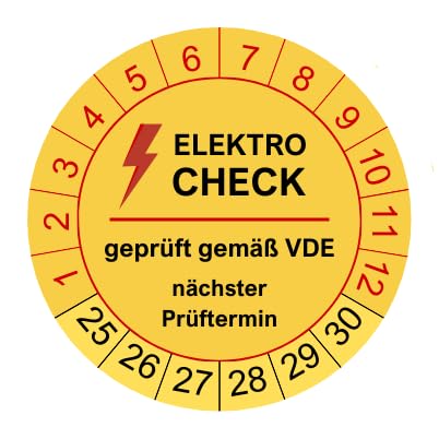 100 Prüfplaketten Elektrocheck 2024-30mm - nachhaltig - 2025 bis 2030 - gelb - geprüft gemäß VDE - Nächster Prüftermin - Aufkleber Prüfaufkleber Prüfetiketten E-Check Elektrocheck (100 Stück) von vamani