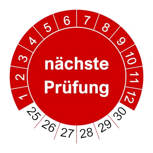 200 Prüfplaketten nächste Prüfung - 2025 bis 2030-30 mm - nachhaltig - rot - 2024 - Prüfetiketten/Wartungsetiketten für Prüfung (200 Stück, rot) von vamani