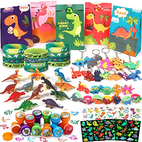 Dinosaurier Party Mitgebsel Kindergeburtstag Jungen 96 STK. Dinosaurier Geschenketüte Mini Dino Figuren Tattoos Schlüsselanhänger Silikon Armbänder Ring Stempel Give Aways Kindergeburtstag für Kinder von vamei