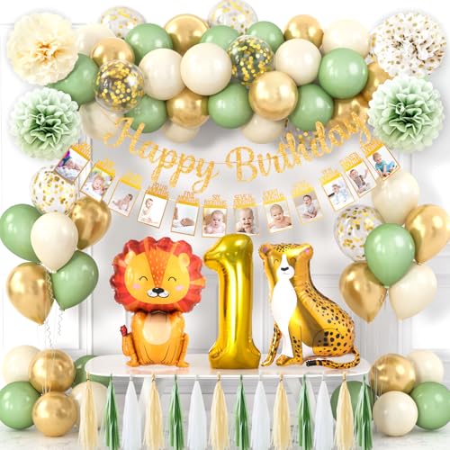 Dschungel Safari Deko 1. Geburtstag Junge Mädchen mit Folienballon Tiere Papier Pompoms Blumen Fotogirlande Happy Birthday Banner Safari Kindergeburtstag Deko Geburtstagsparty Deko von vamei