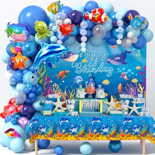 Unterwasserwelt Geburtstagsdeko Jungen Mädchen Ozean Party Deko mit Hai Delfin Folienballons Hintergrund Tischdecke Blau Luftballon Girlande für Kinder Unterwasser Kindergeburtstag Party Dekoration von vamei