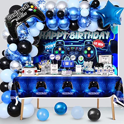 Vamei Gamer Deko Geburtstag Junge Videospiel Geburtstagsdeko Luftballons Geburtstag mit Tischdecke Happy Birthday Hintergrund Banner Schwarz Blau Ballons Videospiel Party Deko für Kinder Jungen von vamei