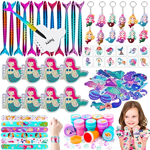 vamei 102St. Meerjungfrau Party Mitgebsel Kindergeburtstag mit Meerjungfrau Schnapparmband Temporäre Tattoos, Schlüsselanhänger Spiralblock Give Aways Gastgeschenk Kinder Mädchen von vamei