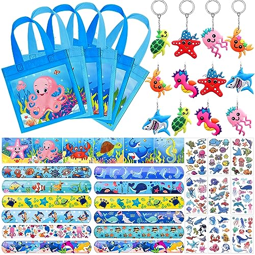 vamei 48 Stk Ozean Kindergeburtstag Meerestier Party Mitgebsel Gastgeschenk mit Schlüsselanhänger Geschenktüten Leuchtende Tattoo Aufkleber Schnapparmband Unterwasser Give Aways für Kinder von vamei