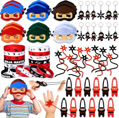 vamei 60 Stück Ninja Party Mitgebsel Kindergeburtstag Ninja Masken Schlüsselanhänger Silikon Armbänder Fingerschleuder Fliegendes klebriges Spielzeug für Jungen Ninja Warrior Themed Party von vamei