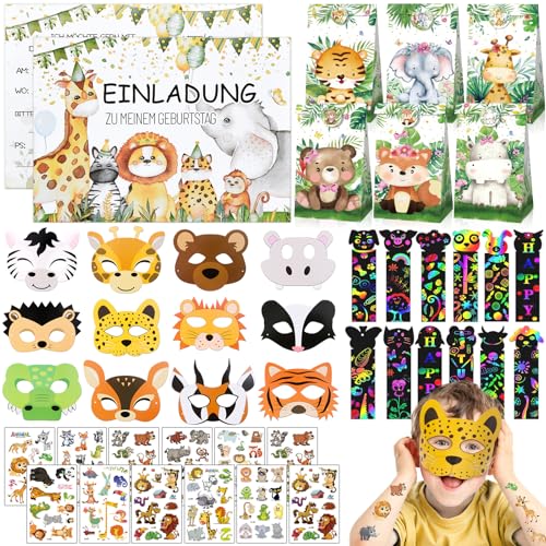 vamei Dschungel Safari Mitgebsel Kindergeburtstag Give Aways Gastgeschenk mit Dschungel Einladungskarten Tiermasken Geschenktüten Kratzbilder Tattoos Safari Party Mitgebringsel Pinata Füllung von vamei