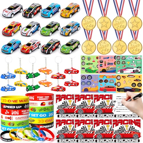 vamei Rennauto Mitgebsel Kindergeburtstag Junge Give Aways Gastgeschenk Kindergeburtstag mit Einladungskarten Mini Rennwagen Medaille Armbänder Schlüsselanhänger Party Mitbringsel Pinata Füllung Junge von vamei