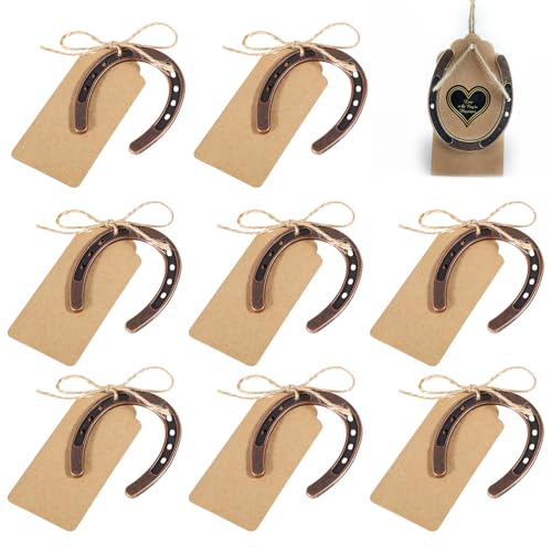 vcsjw 8 Stück Hufeisen Glücksbringer Set,Hufeisen Deko Set,6 x 7 cm Glücksbringer Hufeisen Geschenk mit Hanfseil Kraftpapieranhänger,Geeignet als Geschenk,um Gute Wünsche Auszudrücken von vcsjw