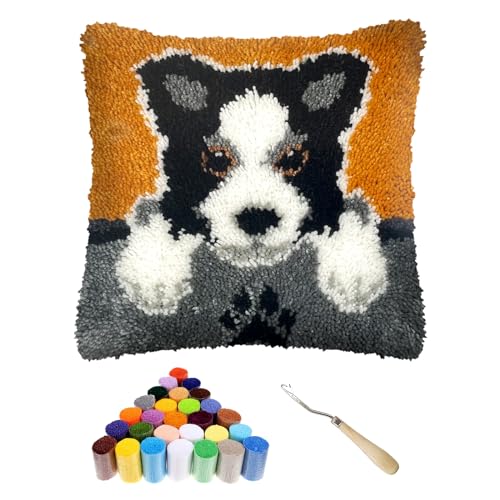 veirousa Border Collie Welpen-Knüpfhaken-Set für Erwachsene, Anfänger, DIY-Häkelkissen-Set, vorgedruckter Kissenbezug, Haken- und Riegelteppich-Set, Nadelarbeit, Kissenbezug für Zuhause, Sofa, von veirousa