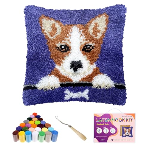 veirousa Corgi Welpen-Knüpfhaken-Set für Erwachsene, Anfänger, DIY-Häkelkissen-Set, vorgedruckter Kissenbezug, Haken- und Riegelteppich-Kits, Nadelarbeit, Kissenbezug für Zuhause, Sofa, Dekoration, von veirousa