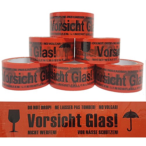 verpacking 144x VORSICHT GLAS Klebeband Paketklebeband reißfest Standard abrollend, 48 mm x 66 lfm Packband 45 mµ Paketband von verpacking