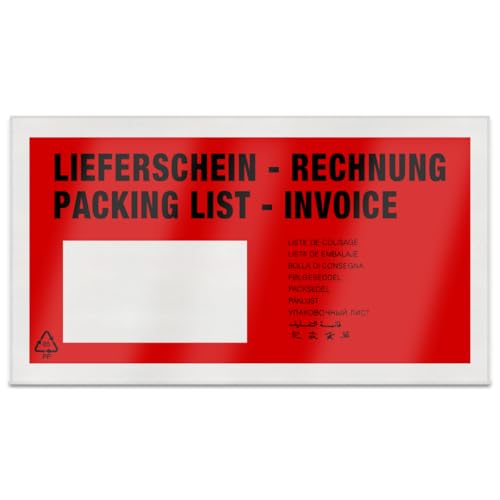 verpacking 100 Lieferscheintaschen Versandtaschen DIN Lang rot Bedruckt, selbstklebend, 225 x 110 mm von verpacking