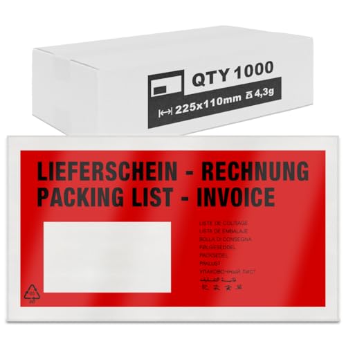 verpacking Lieferscheintaschen 22,5 x 11 cm DIN Lang Rot selbstklebende Dokumententaschen Begleitpapiertaschen Versanddokumententasche Rechnungstasche Lieferscheinumschlag (1000 Stück) von verpacking