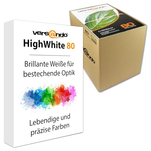 versando 2.500 Blatt Druckerpapier A4 hochweiß CIE161 Premium Kopierpapier (5x 500 Blatt HighWhite 80) strahlende Farben, klare Schrift, in SaferBox PEFC zertifiziert von versando