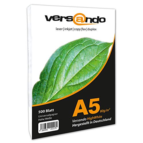 versando 500 Blatt Papier DIN A5 HighWhite 80 Druckerpapier Universalpapier Kopierpapier hochweiß (148 x 210 mm) von versando