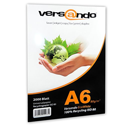 versando 2.000 Blatt Recyclingpapier DIN A6 EcoWhite 80g Kopierpapier Druckerpapier Öko Umweltpapier Rezeptpapier (148 x 105 mm) von versando