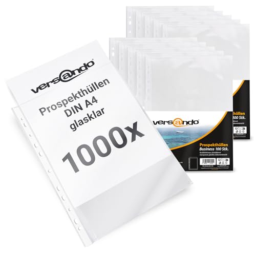 versando 1.000x A4 Prospekthüllen Business mit Heftrand Klarsichthüllen glasklar transparent 60my (10x 100 Stück) von versando