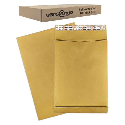 versando 10 x B4 Faltentaschen 4cm Falte ohne Fenster (250x353x40 mm) Versandtaschen Bodenfalte haftklebend braun von versando