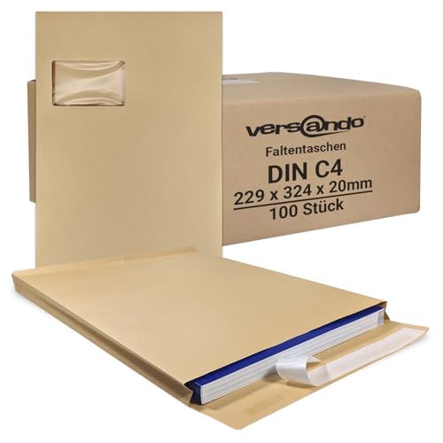 versando 100x C4 Faltentaschen 2cm Falte mit Fenster (229x324x20 mm) Versandtaschen Bodenfalte haftklebend braun von versando