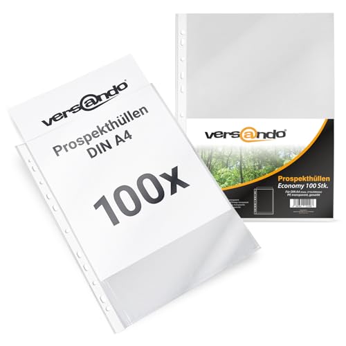 versando 100x A4 Prospekthüllen Economy mit Heftrand Klarsichthüllen genarbt transparent 45my (1x100 Stück) von versando