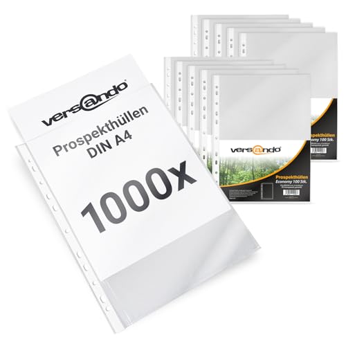 versando 1.000x A4 Prospekthüllen Economy mit Heftrand Klarsichthüllen genarbt transparent 45my (10x100 Stück) von versando