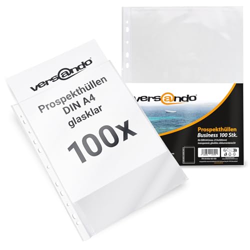 versando 100x A4 Prospekthüllen Business mit Heftrand Klarsichthüllen glasklar transparent 60my (1x 100 Stück) von versando