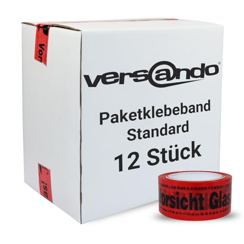 versando 12x Packband Vorsicht Glas rot 66m Klebeband zum Verpacken von Paketen + Kartons - starke Klebekraft 12 Rollen von versando