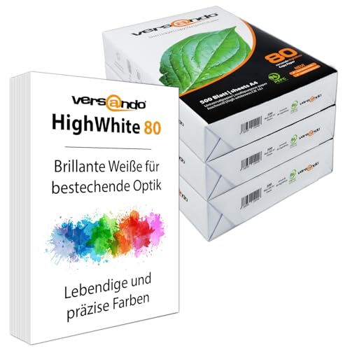 versando 1.500 Blatt Kopierpapier A4 HighWhite 80 Drucker-/Universalpapier 3x 500 Blatt PremiumWeiß CIE161 PEFC zertifiziert von versando