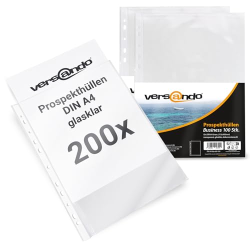 versando 200x A4 Prospekthüllen Business mit Heftrand Klarsichthüllen glasklar transparent 60my (2x 100 Stück) von versando