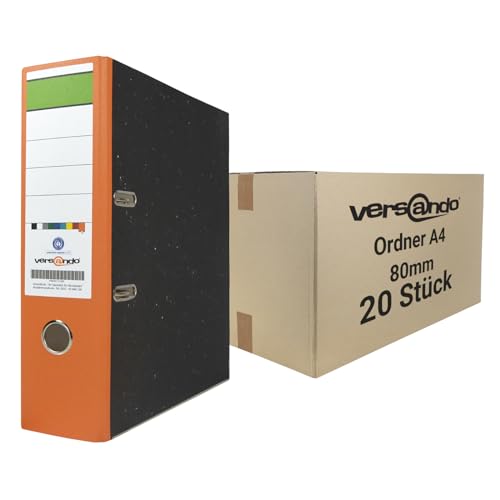 versando 20x breiter Premium Ordner DIN A4 Rücken 8cm Aktenordner Ringordner - Blauer Engel zertifiziert - orange (1 Karton) von versando